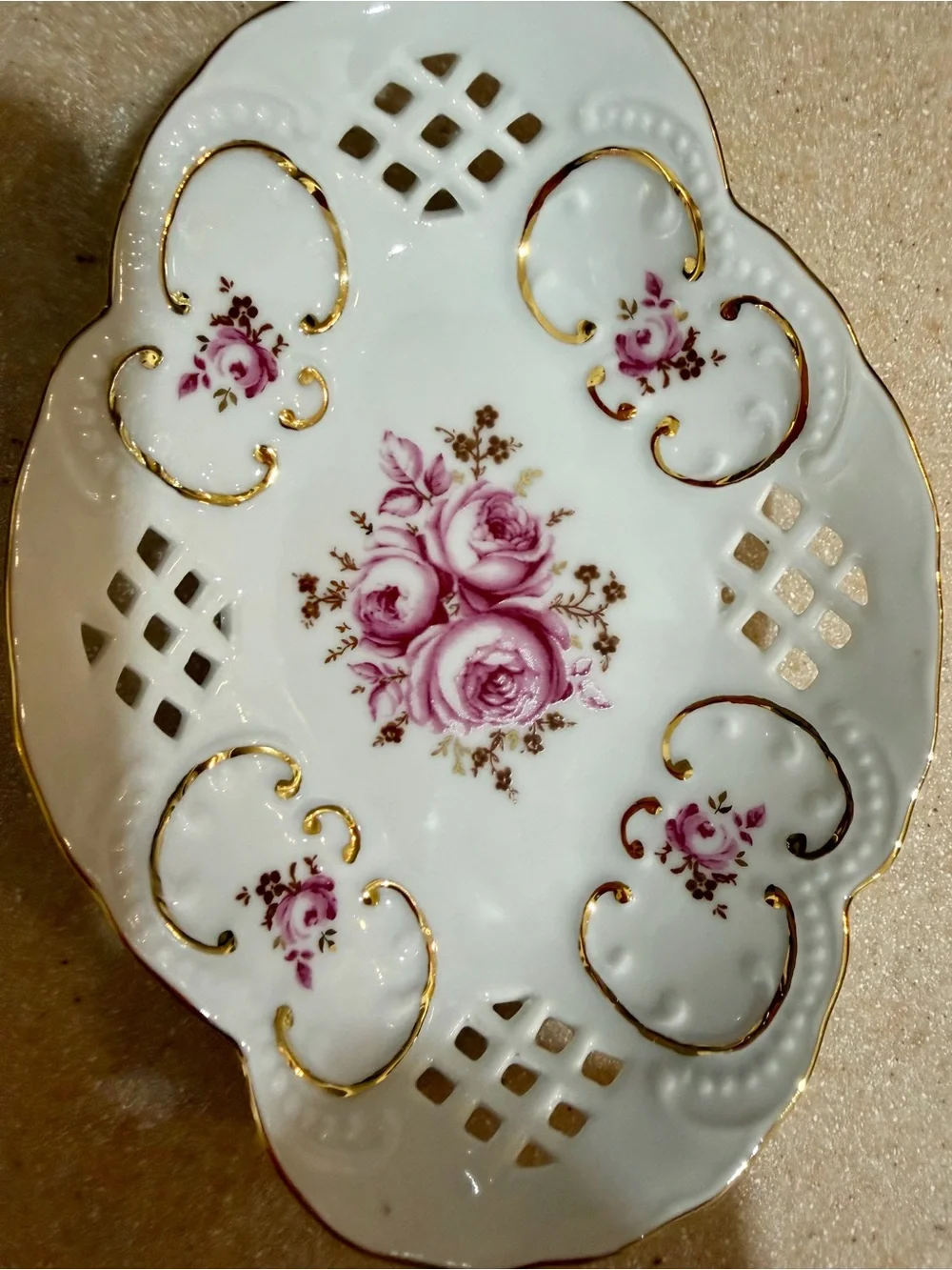 Weimar Porcelain Barbarina Pink Rose Trinket Candy Dish Bowl Gold Trim Filigree